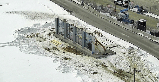 Visual mock-up of new education and research building glass on display at UMass Chan