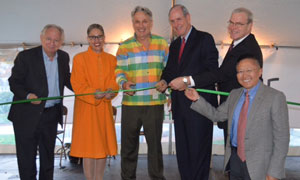 Pictured left to right at the Voyager Therapeutics ribbon cutting are Steven Paul, Susan Windham-Bannister, Mark Levin, Michael Collins, Terence Flotte and Guangping Gao.