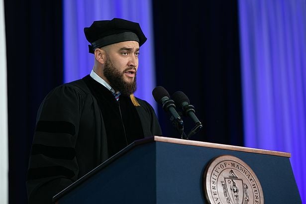 Jose Raul Mercado-Matos of the Graduate School of Biomedical Sciences delivers the class address.