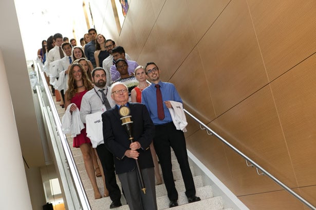 2015 Chancellor’s Medal for Distinguished Service recipient Thoru Pederson, PhD, leads the processional.