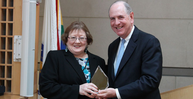 Edith Cullen is presented the 2017 Chancellor’s Award for Advancing Institutional Excellence in Civility by Chancellor Collins.