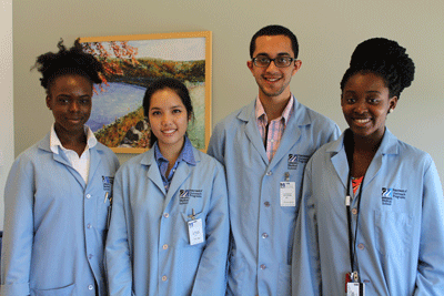 UMMS High School Health Careers participants (from left) Doherty High School students Erinma Anya and Vivian Pham of, Clinton High School senior Christian Barreto, and Burncoat High School senior Irene Yankey.