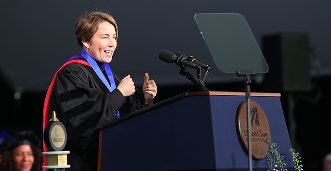 Gov. Maura Healey on stage delivering her address