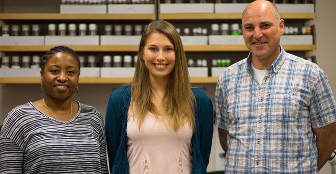 Andreas Bergmann, PhD (right) hosted college student Heather Nelson (center) in his lab under the supervision of postdoctoral associate Alicia Shields, PhD (left).