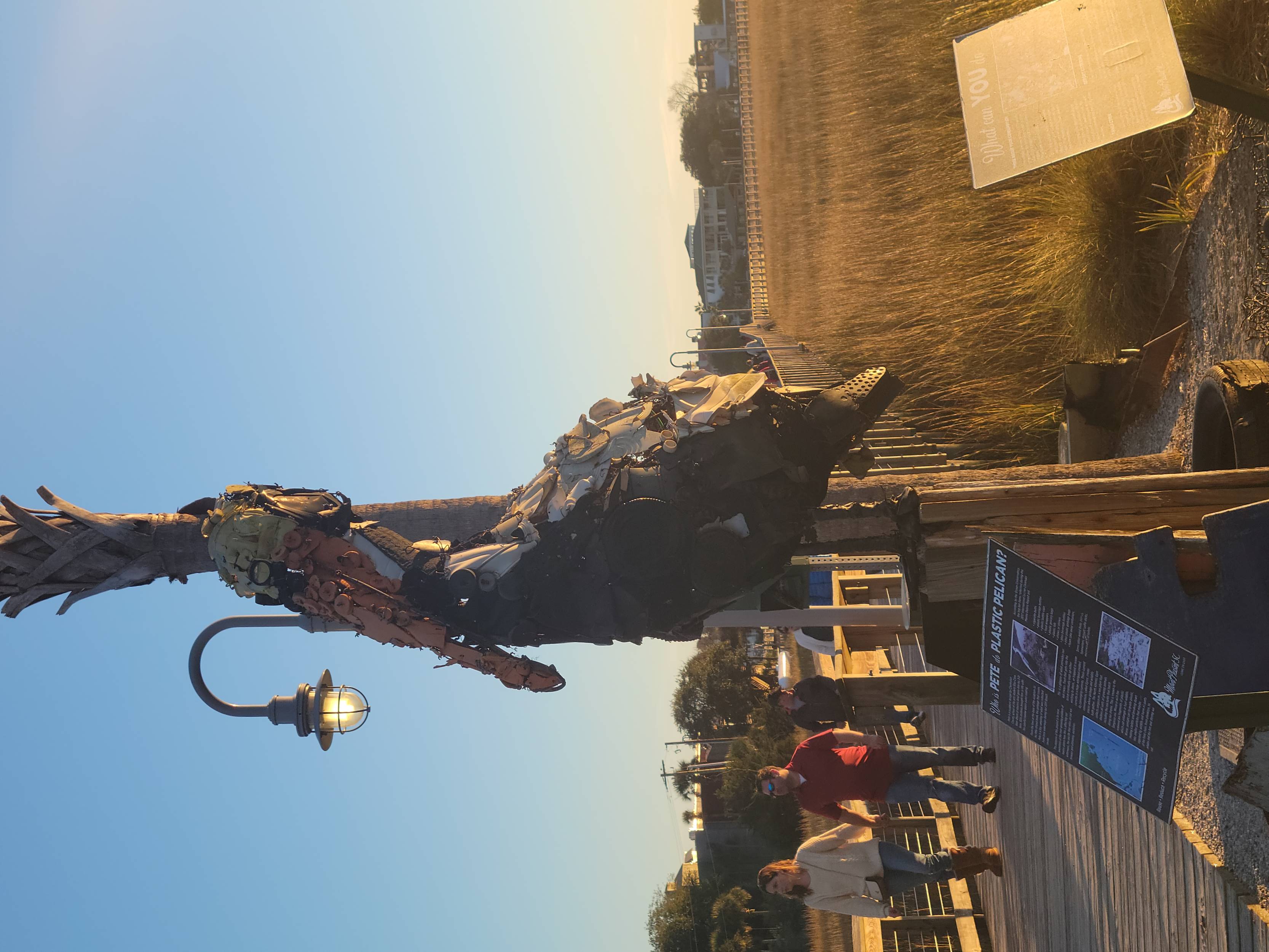 A Pelican statue in a marsh. 